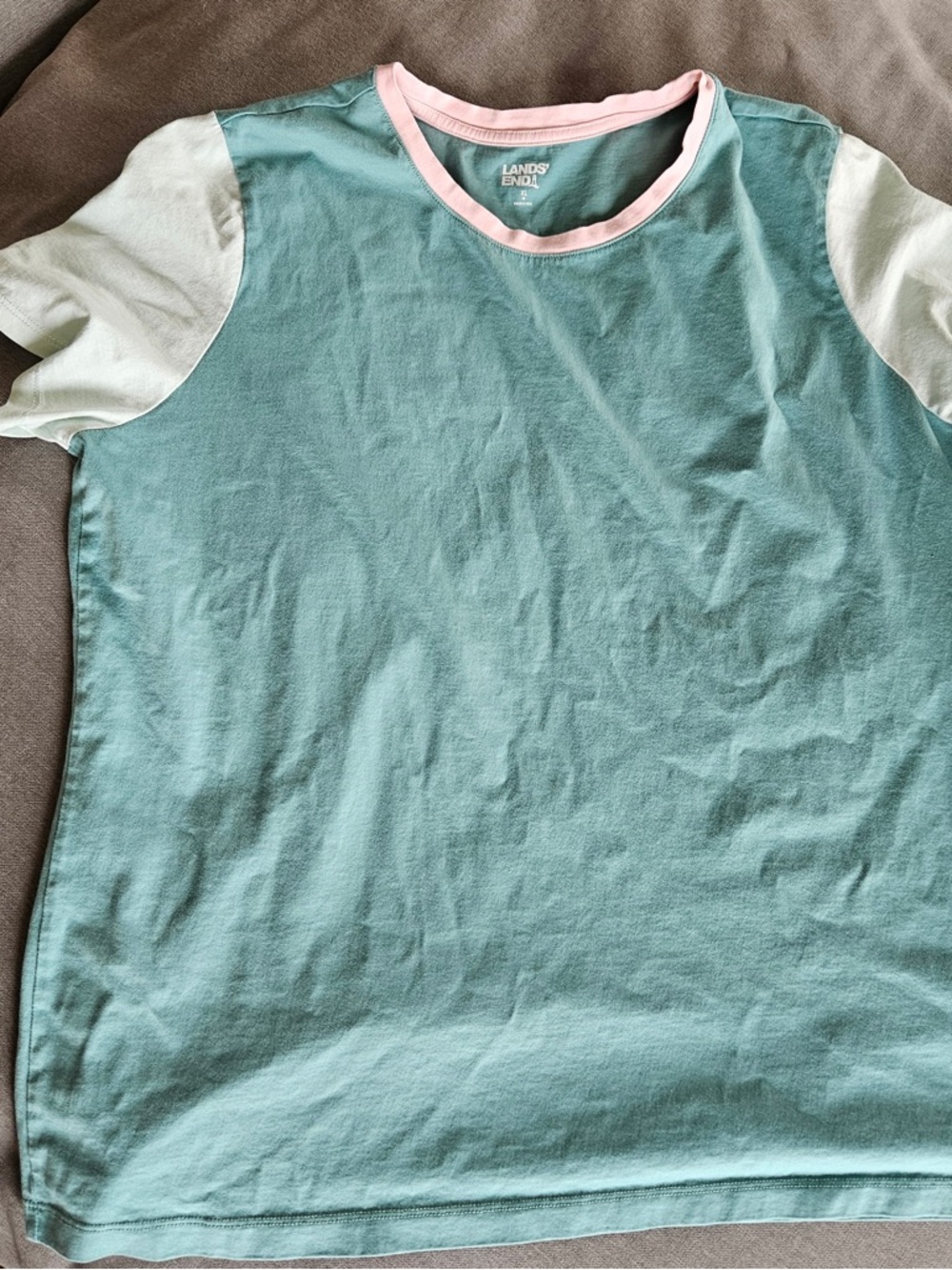 Lands' End Light Teal Tee with Light Green Sleeves and Pink Neckline
